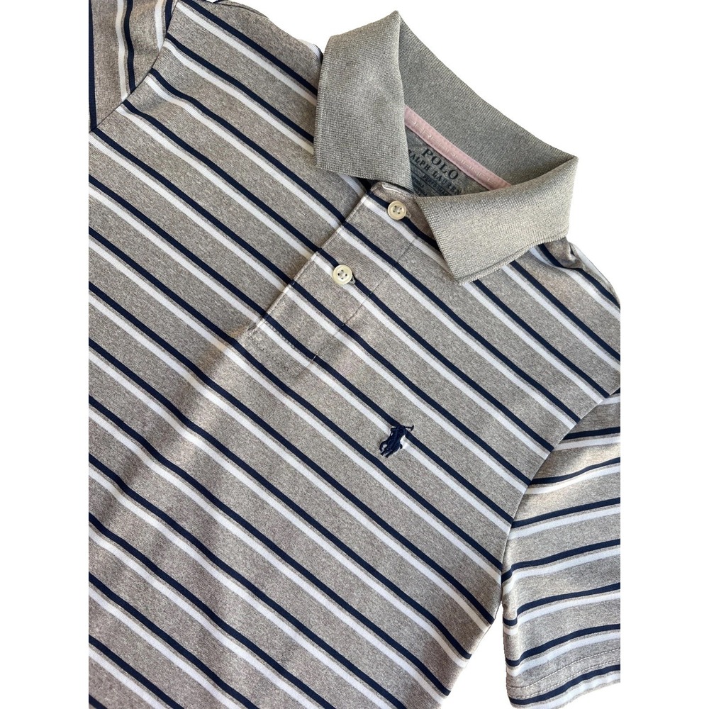 Polo Ralph Lauren Boys S 8 Performance Jersey Polo Shirt Striped Gray White Blue